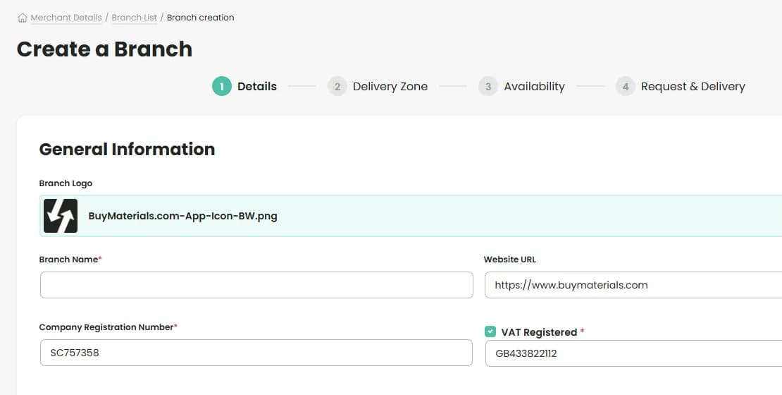 Branch setup screen, with merchant name and registration details