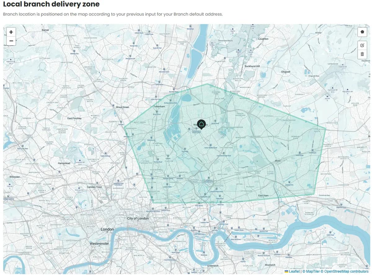 Branch settings screen, showing the delivery zone on a map