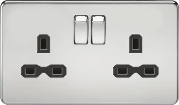 Screwless 13A 2G DP switched socket – polished chrome with black insert (Polished Chrome Black)