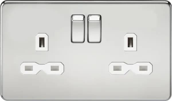 Screwless 13A 2G DP switched socket – polished chrome with white insert (Polished Chrome White)