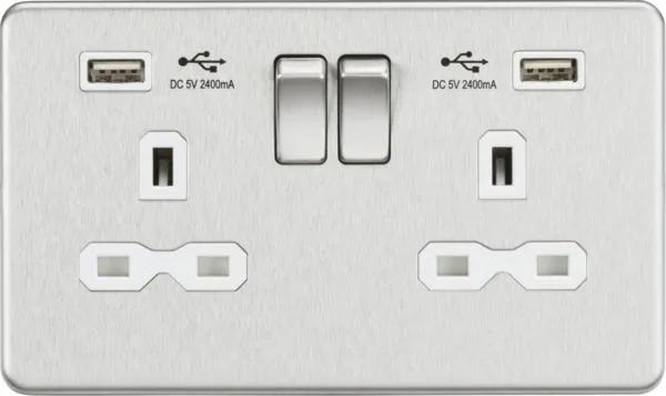 2 Gang socket with USB charger Brushed chrome with white insert (Brushed Chrome White)