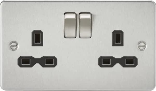 Flat plate 13A 2G DP switched socket – brushed chrome with black insert (Brushed Chrome Black)