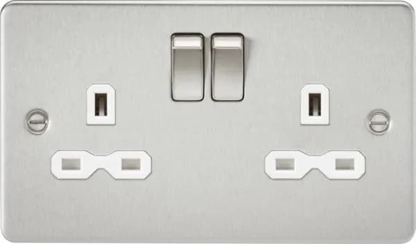 Flat plate 13A 2G DP switched socket – brushed chrome with white insert (Brushed Chrome White)