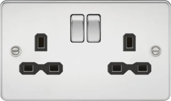 Flat plate 13A 2G DP switched socket – polished chrome with black insert (Polished Chrome Black)